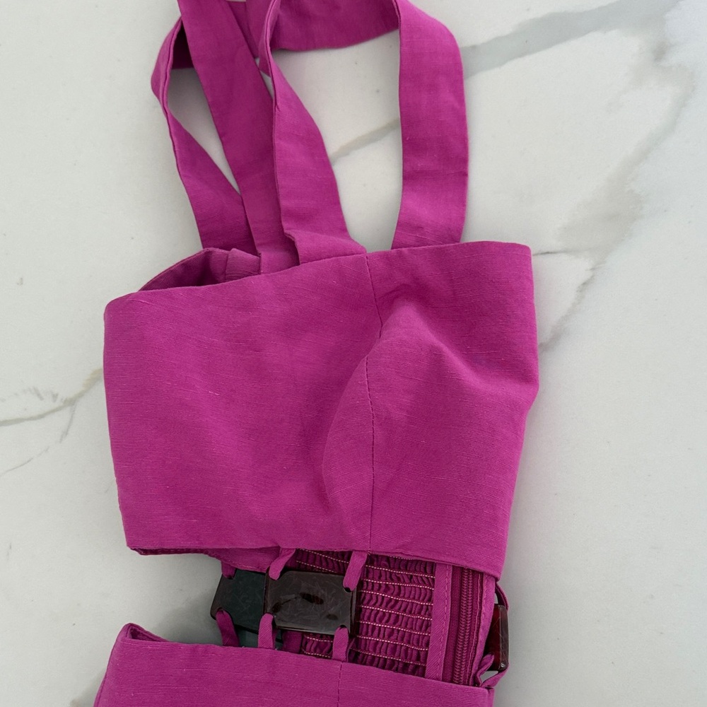 Bright Pink Women's Linen Blend Romper - Picture 5 of 6